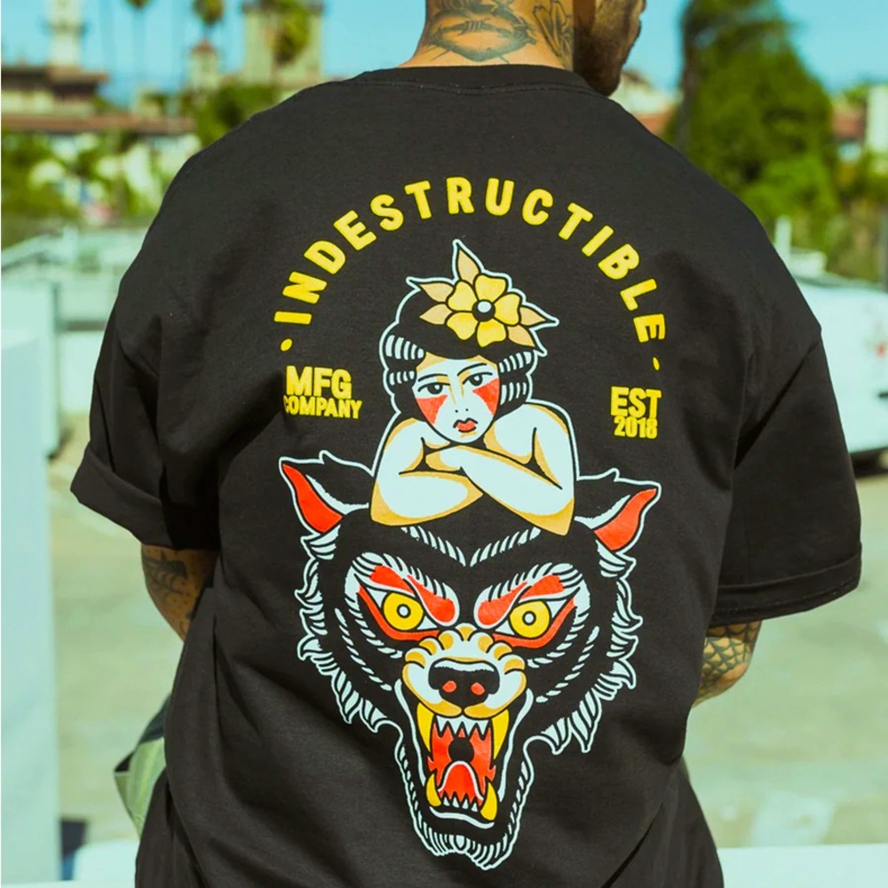 Indestructible MFG 2XL Black wolf head tattoo inspired Graphic T Shirt